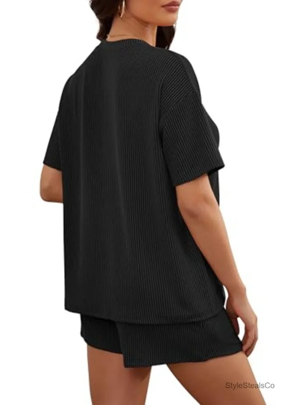 2 Piece Short Sleeve Lounge Set Ribbed Knit Shorts Set